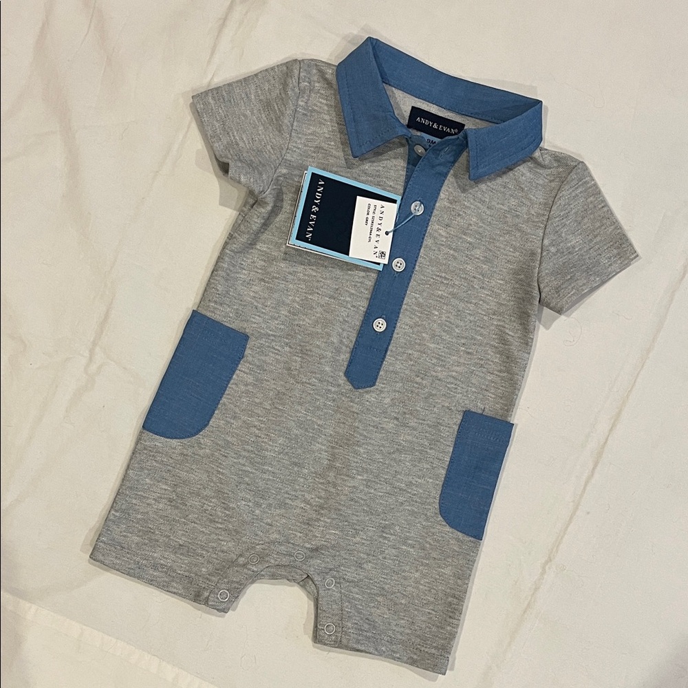 Gray & Blue Polo Romper with Contrast Collar Andy & Evan 9 mos NWT